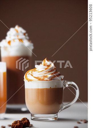 3d illustration pumpkin spice latte in glass cup with whipped cream 95213608