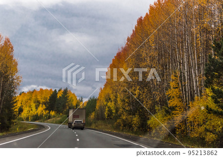 Autumn landscape. On the freeway. Travel by car. 95213862