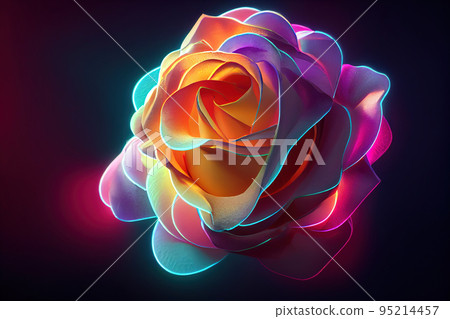 Fantasy magical dark background with magic rose flower reflection neon light on edge 95214457