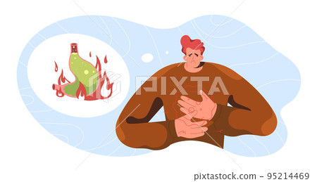 Flat unhappy man suffering from heartburn in stomach 95214469