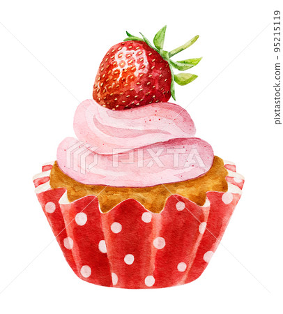 Watercolor delicious cupcake with fresh strawberry isolated on white background. Watercolor delicious cupcake with fresh strawberry isolated on white background. 95215119