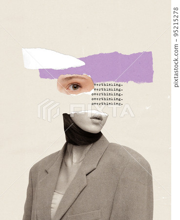 Contemporary art collage. Conceptual image with young girl suffering from overthinking. Many thoughts 95215278