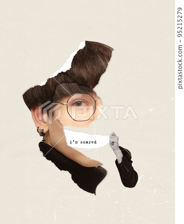 Contemporary art collage. Conceptual image with young man looking with one eye expressing hidden fears 95215279