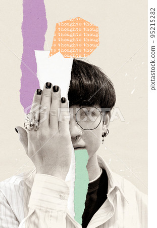 Contemporary art collage. Conceptual image with young man covering one eye with hand. Thoughts around 95215282
