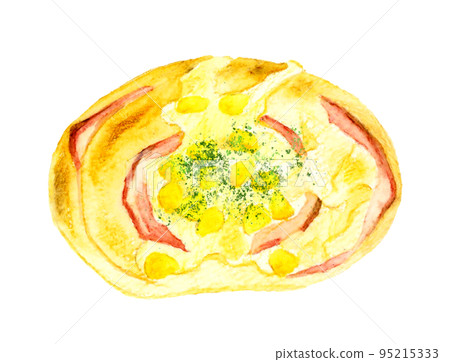 火腿蛋黃醬玉米麵包麵包手繪水彩插圖素材 95215333