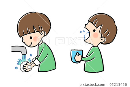 Illustration of a boy washing his hands and gargling 95215436