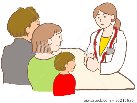 Illustration of a developmentally disabled boy and his parents meeting with a female psychiatrist 95215686