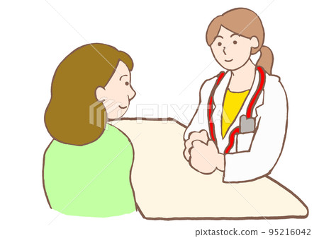 Illustration of a depressed woman having an interview with a female psychiatrist 95216042