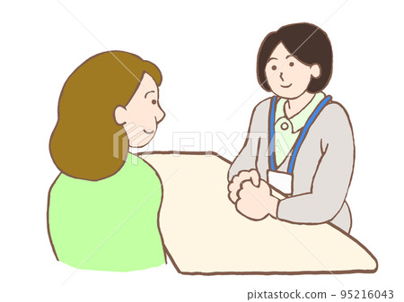 Illustration of a depressed woman having an interview with a mental health social worker 95216043