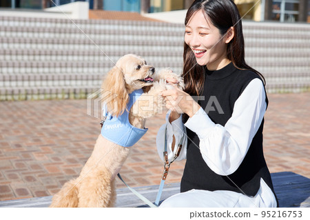 Woman walking a dog in a yacht harbor Woman walking a dog in a yacht harbor 95216753