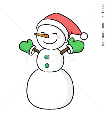 Three-tiered snowman wearing gloves and a Santa hat 95217752