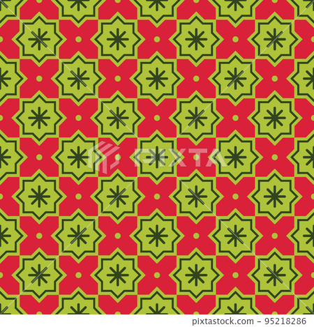 Christmas abstract pattern. Bright seamless pattern with stars and snowflakes on a background. Geometric simple festive texture. Mosaic plaid. Checkered vector illustration. Red, green, light green. Christmas abstract pattern. Bright seamless pattern with stars and snowflakes on a background. Geometric simple festive texture. Mosaic plaid. Checkered vector illustration. Red, green, light green. 95218286