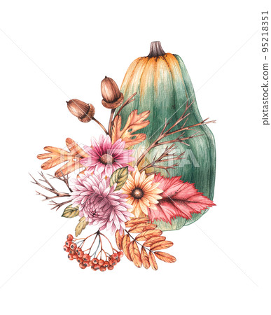 Watercolor pumpkin with flowers and dry leaves on a white background 95218351