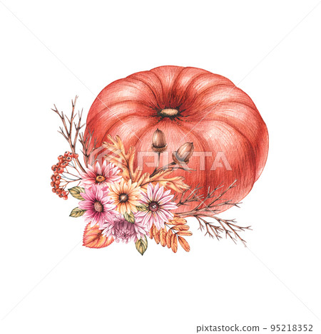 Watercolor pumpkin with flowers and dry leaves on a white background 95218352