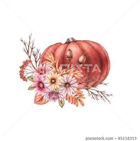 Watercolor pumpkin with flowers and dry leaves on a white background 95218353