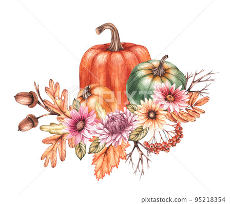 Watercolor pumpkin with flowers and dry leaves on a white background 95218354
