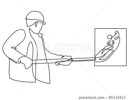 A worker insert a coal inside the engine. Continuous line drawing. Vector illustration. A worker insert a coal inside the engine. Continuous line drawing. Vector illustration. 95218421