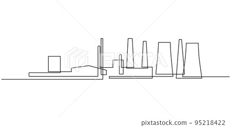 Continuous line drawing of industrial plant. Abstract factory buildings minimalist black linear design isolated on white background. Power plant vector illustration. 95218422