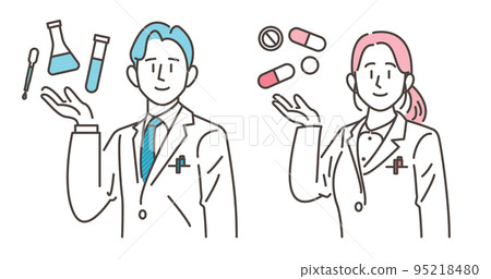 A set of male and female pharmacists who put medicines and dispensing tools on their palms and guide them with a smile [vector illustration material] 95218480