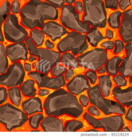 Lava, magma with stones in cartoon style seamless pattern background. Eruption effect, landscape. Texture, design 95219224