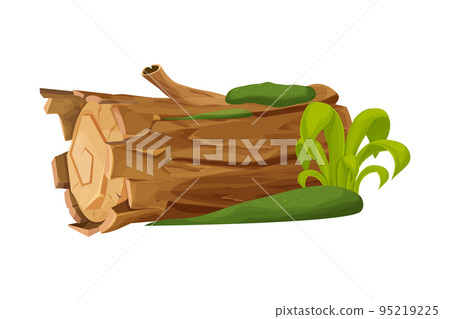 Old wood, tree log, trunk with moss and grass empty in cartoon style isolated on white background. Forest clipart, old and broken piece, part.  95219225