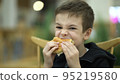 tired boy eating a burger for lunch. 95219580