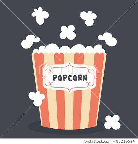 Popcorn on a dark background. The icon is in a flat style. Appetizer for cinema, circus and amusement park. A large box with red stripes. 95219584