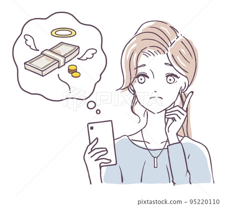 沒錢的女人,智能手機,訂閱,遊戲應用,缺錢,麻煩的人,插圖素材 沒錢的女人,智能手機,訂閱,遊戲應用,缺錢,麻煩的人,插圖素材 95220110