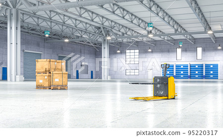 empty warehouse, few packages and forklift. empty warehouse, few packages and forklift. 95220317