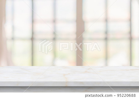 Empty marble table top with blur window curtain background 95220688