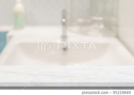 Empty white marble table top with blur bathroom background 95220689