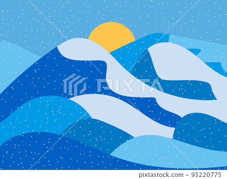 Winter landscape with snowy hills and sun. Mountain landscape in flat style, winter cold weather. View of the snowy hills. Design for poster, banner and promotional item. Vector illustration 95220775