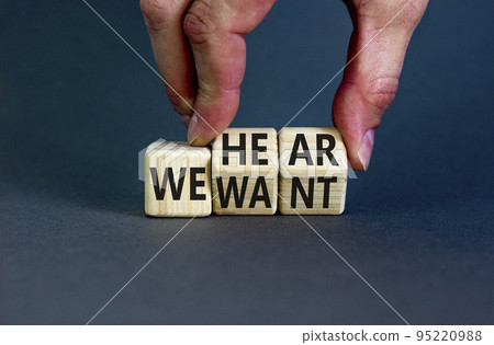 We hear and want symbol. Concept words We hear we want on wooden cubes. Businessman hand. Beautiful grey table grey background. Business and we hear and want concept. Copy space. We hear and want symbol. Concept words We hear we want on wooden cubes. Businessman hand. Beautiful grey table grey background. Business and we hear and want concept. Copy space. 95220988