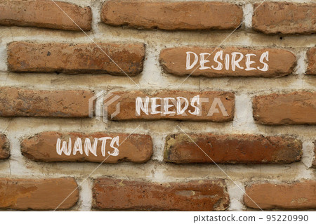Wants needs and desires symbol. Concept words Wants Needs Desires on red bricks on a beautiful brick wall background. Business wants needs desires concept. Copy space. Wants needs and desires symbol. Concept words Wants Needs Desires on red bricks on a beautiful brick wall background. Business wants needs desires concept. Copy space. 95220990