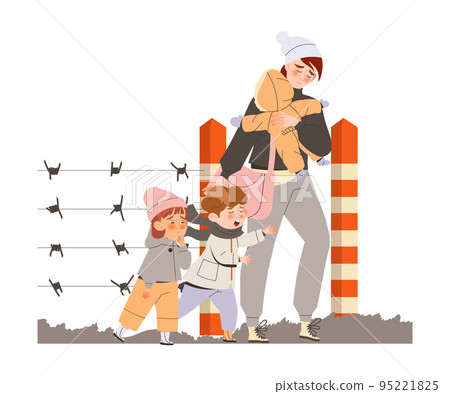 Young Woman Refugee with Crying Little Children Leaving Homeland Fleeing from War Conflict Seeking Asylum Vector Illustration 95221825