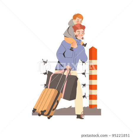 Man Refugee with Luggage and Little Kid on Shoulders Leaving Homeland Fleeing from War Conflict Seeking Asylum Vector Illustration 95221851