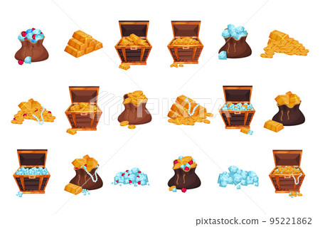 Pile of Golden Coins, Ingots and Gemstones Rested in Wooden Chest and Sacks Big Vector Set 95221862