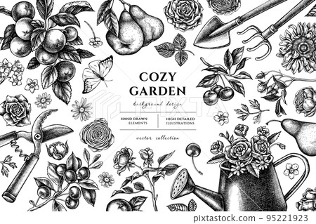 Gardening hand drawn illustration design. Background with sketch watering can, apples, cherry, rose, pears, shovel, rake, secateurs, chamomile, sunflower, forget me not flower, ranunculus, great 95221923