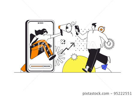 Mobile marketing web concept in flat outline design with characters. Woman with megaphone making advertising campaign in applications and attract new customers, people scene. Vector illustration. 95222551