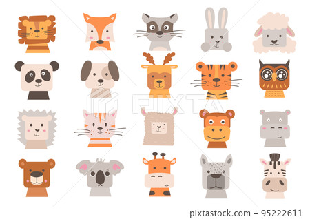 Animals heads set with cute cartoon elements in flat design. Bundle of lion, fox, raccoon, rabbit, sheep, panda, dog, tiger, owl, hedgehog, cat, lama and other isolated stickers. Vector illustration. 95222611