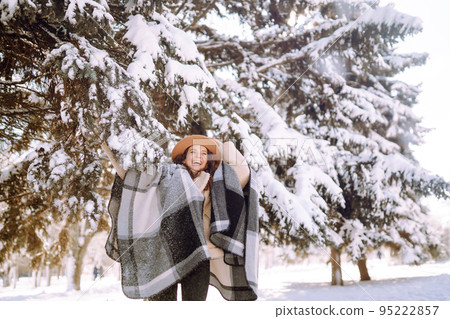 Smiling woman enjoying winter moments in snowy park. Young woman wearing hat, plaid scarf and coat. Smiling woman enjoying winter moments in snowy park. Young woman wearing hat, plaid scarf and coat. 95222857