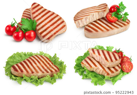 Tuna fish steak grilled isolated on white background with full depth of field 95222943