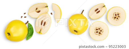 Fresh quince with slices isolated on the white background with full depth of field. Top view. Flat lay 95223003