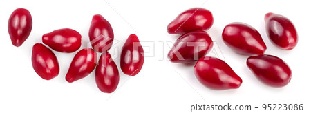 Red berries of cornel or dogwood isolated on white background. Top view. Flat lay Red berries of cornel or dogwood isolated on white background. Top view. Flat lay 95223086