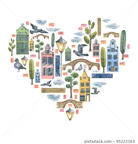 Watercolor illustration in the shape of a heart with many elements of an old European city. For the design and decoration of posters, postcards, souvenirs, prints, banners. 95223163