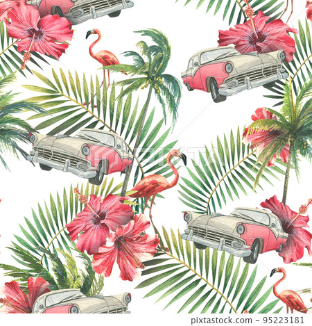 Tropical, seamless pattern with retro car, palm leaves, palm trees, pink flamingo and hibiscus flowers. Watercolor illustration from a large CUBA set. For fabric, textiles, clothing, advertising, Tropical, seamless pattern with retro car, palm leaves, palm trees, pink flamingo and hibiscus flowers. Watercolor illustration from a large CUBA set. For fabric, textiles, clothing, advertising, 95223181