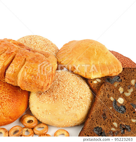 Bread and sweet pastries isolated on white. Bread and sweet pastries isolated on white. 95223263