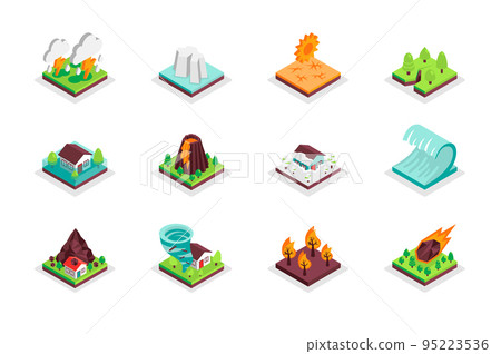 Natural disaster concept 3d isometric icons set. Bundle elements of thunderstorm, drought, volcano eruption, tsunami, forest fire, meteorite and other. Vector illustration in modern isometry design 95223536