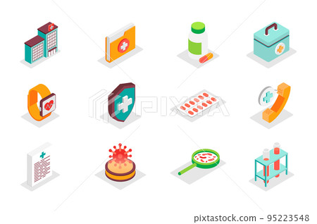 Medical concept 3d isometric icons set. Bundle elements of clinic, hospital, first aid kit, folder, pills, cardio, watch, healthcare, call and other. Vector illustration in modern isometry design 95223548