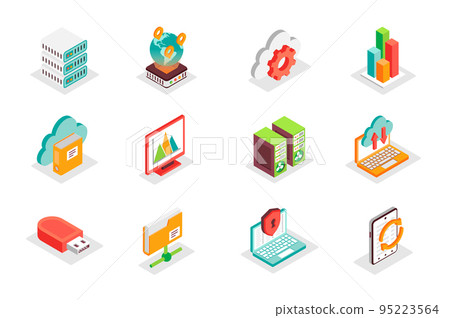 Big Data concept 3d isometric icons set. Bundle elements of server, internet, cloud, chart, information, graph, memory, folder, datum analysis and other. Vector illustration in modern isometry design 95223564